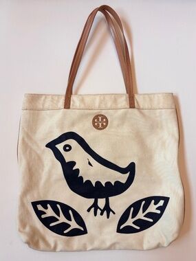 Tory Burch Ella Canvas Bird Tote Cream Navy Leather Trim Large Shoulder Bag